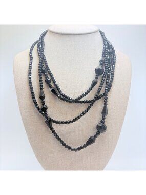 Faceted Black Glass Beaded Design Vintage Necklace Size 20" Length